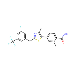 Cc1cc(-c2sc(Cc3cc(F)cc(C(F)(F)F)c3)nc2C)ccc1C(N)=O ZINC000198920479