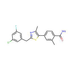 Cc1cc(-c2sc(Cc3cc(F)cc(Cl)c3)nc2C)ccc1C(N)=O ZINC001772574951