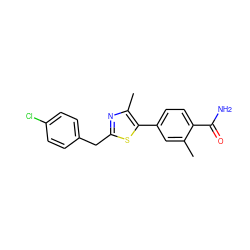 Cc1cc(-c2sc(Cc3ccc(Cl)cc3)nc2C)ccc1C(N)=O ZINC001772580447