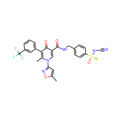 Cc1cc(-n2cc(C(=O)NCc3ccc([S@@](C)(=O)=NC#N)cc3)c(=O)c(-c3cccc(C(F)(F)F)c3)c2C)no1 ZINC000149909432