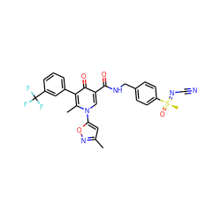 Cc1cc(-n2cc(C(=O)NCc3ccc([S@@](C)(=O)=NC#N)cc3)c(=O)c(-c3cccc(C(F)(F)F)c3)c2C)on1 ZINC000149908345