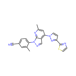 Cc1cc(-n2ccc(-c3nccs3)n2)c2cnn(-c3ccc(C#N)cc3C)c2n1 ZINC000040862572