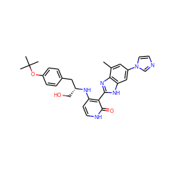 Cc1cc(-n2ccnc2)cc2[nH]c(-c3c(N[C@H](CO)Cc4ccc(OC(C)(C)C)cc4)cc[nH]c3=O)nc12 ZINC000028893694