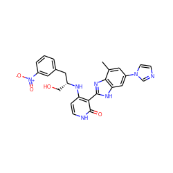 Cc1cc(-n2ccnc2)cc2[nH]c(-c3c(N[C@H](CO)Cc4cccc([N+](=O)[O-])c4)cc[nH]c3=O)nc12 ZINC000028893745