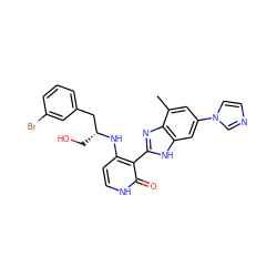 Cc1cc(-n2ccnc2)cc2[nH]c(-c3c(N[C@H](CO)Cc4cccc(Br)c4)cc[nH]c3=O)nc12 ZINC000028893787