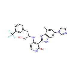 Cc1cc(-n2ccnc2)cc2[nH]c(-c3c(N[C@H](CO)Cc4cccc(C(F)(F)F)c4)cc[nH]c3=O)nc12 ZINC000028893706