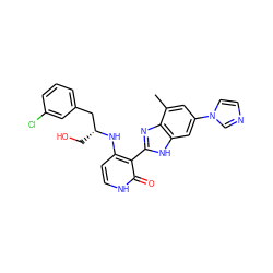 Cc1cc(-n2ccnc2)cc2[nH]c(-c3c(N[C@H](CO)Cc4cccc(Cl)c4)cc[nH]c3=O)nc12 ZINC000028893793