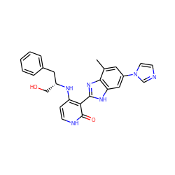 Cc1cc(-n2ccnc2)cc2[nH]c(-c3c(N[C@H](CO)Cc4ccccc4)cc[nH]c3=O)nc12 ZINC000028703656