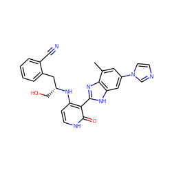 Cc1cc(-n2ccnc2)cc2[nH]c(-c3c(N[C@H](CO)Cc4ccccc4C#N)cc[nH]c3=O)nc12 ZINC000028893804