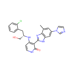 Cc1cc(-n2ccnc2)cc2[nH]c(-c3c(N[C@H](CO)Cc4ccccc4Cl)cc[nH]c3=O)nc12 ZINC000028893814