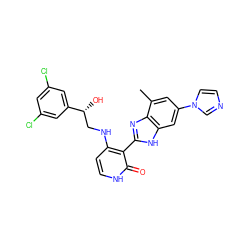 Cc1cc(-n2ccnc2)cc2[nH]c(-c3c(NC[C@@H](O)c4cc(Cl)cc(Cl)c4)cc[nH]c3=O)nc12 ZINC000028703560