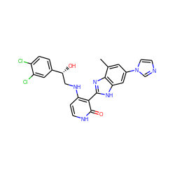 Cc1cc(-n2ccnc2)cc2[nH]c(-c3c(NC[C@@H](O)c4ccc(Cl)c(Cl)c4)cc[nH]c3=O)nc12 ZINC000028703564