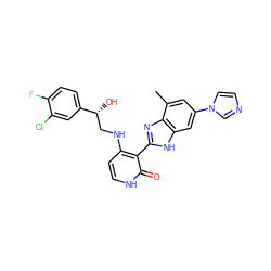 Cc1cc(-n2ccnc2)cc2[nH]c(-c3c(NC[C@@H](O)c4ccc(F)c(Cl)c4)cc[nH]c3=O)nc12 ZINC000028703568