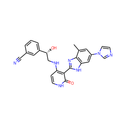 Cc1cc(-n2ccnc2)cc2[nH]c(-c3c(NC[C@@H](O)c4cccc(C#N)c4)cc[nH]c3=O)nc12 ZINC000028703510