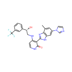 Cc1cc(-n2ccnc2)cc2[nH]c(-c3c(NC[C@@H](O)c4cccc(C(F)(F)F)c4)cc[nH]c3=O)nc12 ZINC000028703539