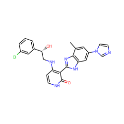 Cc1cc(-n2ccnc2)cc2[nH]c(-c3c(NC[C@@H](O)c4cccc(Cl)c4)cc[nH]c3=O)nc12 ZINC000028523847