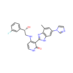 Cc1cc(-n2ccnc2)cc2[nH]c(-c3c(NC[C@@H](O)c4cccc(F)c4)cc[nH]c3=O)nc12 ZINC000028703499