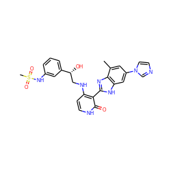 Cc1cc(-n2ccnc2)cc2[nH]c(-c3c(NC[C@@H](O)c4cccc(NS(C)(=O)=O)c4)cc[nH]c3=O)nc12 ZINC000028703520