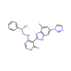 Cc1cc(-n2ccnc2)cc2[nH]c(-c3c(NC[C@@H](O)c4ccccc4)cc[nH]c3=O)nc12 ZINC000028703488