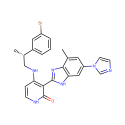 Cc1cc(-n2ccnc2)cc2[nH]c(-c3c(NC[C@H](C)c4cccc(Br)c4)cc[nH]c3=O)nc12 ZINC000028703584