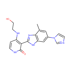 Cc1cc(-n2ccnc2)cc2[nH]c(-c3c(NCCO)cc[nH]c3=O)nc12 ZINC000028703485