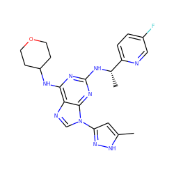 Cc1cc(-n2cnc3c(NC4CCOCC4)nc(N[C@@H](C)c4ccc(F)cn4)nc32)n[nH]1 ZINC000096167843