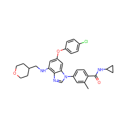 Cc1cc(-n2cnc3c(NCC4CCOCC4)cc(Oc4ccc(Cl)cc4)cc32)ccc1C(=O)NC1CC1 ZINC000203531309