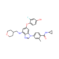 Cc1cc(-n2cnc3c(NCC4CCOCC4)cc(Oc4ccc(O)cc4F)cc32)ccc1C(=O)NC1CC1 ZINC000147571237