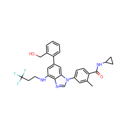 Cc1cc(-n2cnc3c(NCCC(F)(F)F)cc(-c4ccccc4CO)cc32)ccc1C(=O)NC1CC1 ZINC000203531305