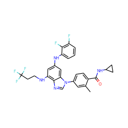 Cc1cc(-n2cnc3c(NCCC(F)(F)F)cc(Nc4cccc(F)c4F)cc32)ccc1C(=O)NC1CC1 ZINC000147556411