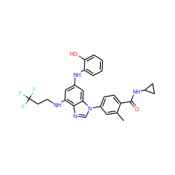 Cc1cc(-n2cnc3c(NCCC(F)(F)F)cc(Nc4ccccc4O)cc32)ccc1C(=O)NC1CC1 ZINC000203533973