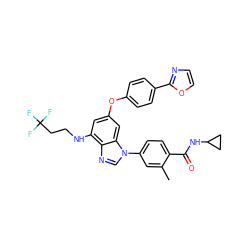 Cc1cc(-n2cnc3c(NCCC(F)(F)F)cc(Oc4ccc(-c5ncco5)cc4)cc32)ccc1C(=O)NC1CC1 ZINC000147649481