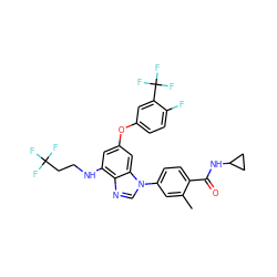 Cc1cc(-n2cnc3c(NCCC(F)(F)F)cc(Oc4ccc(F)c(C(F)(F)F)c4)cc32)ccc1C(=O)NC1CC1 ZINC000147642891