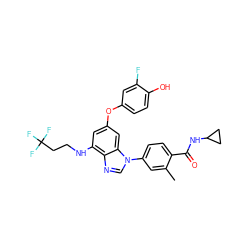 Cc1cc(-n2cnc3c(NCCC(F)(F)F)cc(Oc4ccc(O)c(F)c4)cc32)ccc1C(=O)NC1CC1 ZINC000147585843