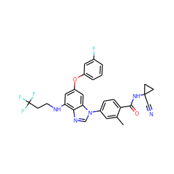 Cc1cc(-n2cnc3c(NCCC(F)(F)F)cc(Oc4cccc(F)c4)cc32)ccc1C(=O)NC1(C#N)CC1 ZINC000147715466