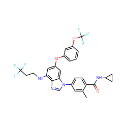Cc1cc(-n2cnc3c(NCCC(F)(F)F)cc(Oc4cccc(OC(F)(F)F)c4)cc32)ccc1C(=O)NC1CC1 ZINC000147554978