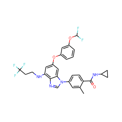 Cc1cc(-n2cnc3c(NCCC(F)(F)F)cc(Oc4cccc(OC(F)F)c4)cc32)ccc1C(=O)NC1CC1 ZINC000147568987