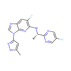 Cc1cc(-n2cnc3cc(F)c(N[C@@H](C)c4ncc(F)cn4)nc32)n[nH]1 ZINC000096167840