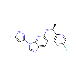 Cc1cc(-n2cnc3ccc(N[C@@H](C)c4ccc(F)cn4)nc32)n[nH]1 ZINC000043200600