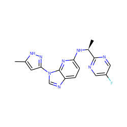 Cc1cc(-n2cnc3ccc(N[C@@H](C)c4ncc(F)cn4)nc32)n[nH]1 ZINC000095575441