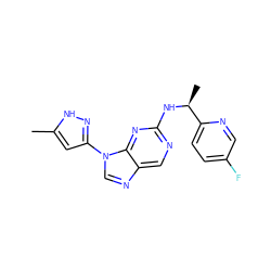 Cc1cc(-n2cnc3cnc(N[C@@H](C)c4ccc(F)cn4)nc32)n[nH]1 ZINC000096167841