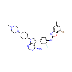 Cc1cc(Br)c2oc(Nc3ccc(-c4cn([C@H]5CC[C@@H](N6CCN(C)CC6)CC5)c5ncnc(N)c45)cc3F)nc2c1 ZINC000253951185