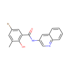 Cc1cc(Br)cc(C(=O)Nc2cnc3ccccc3c2)c1O ZINC000064526456