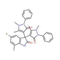 Cc1cc(Br)cc2c1NC(=O)C2(c1c(C)n(C)n(-c2ccccc2)c1=O)c1c(C)n(C)n(-c2ccccc2)c1=O ZINC000008829045