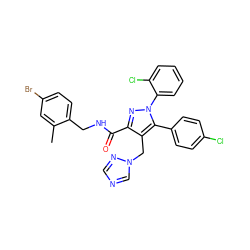 Cc1cc(Br)ccc1CNC(=O)c1nn(-c2ccccc2Cl)c(-c2ccc(Cl)cc2)c1Cn1cncn1 ZINC000049767199