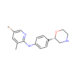 Cc1cc(Br)cnc1Nc1ccc([C@H]2CNCCO2)cc1 ZINC000150049796