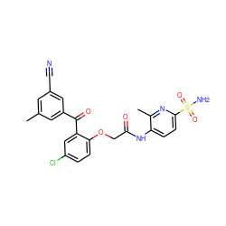 Cc1cc(C#N)cc(C(=O)c2cc(Cl)ccc2OCC(=O)Nc2ccc(S(N)(=O)=O)nc2C)c1 ZINC000013679745