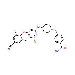 Cc1cc(C#N)cc(C)c1Oc1cc(Cl)nc(NC2CCN(Cc3ccc(C(N)=O)cc3)CC2)c1 ZINC001772639095