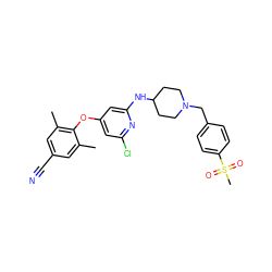 Cc1cc(C#N)cc(C)c1Oc1cc(Cl)nc(NC2CCN(Cc3ccc(S(C)(=O)=O)cc3)CC2)c1 ZINC001772596338