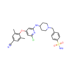 Cc1cc(C#N)cc(C)c1Oc1cc(Cl)nc(NC2CCN(Cc3ccc(S(N)(=O)=O)cc3)CC2)c1 ZINC001772656128